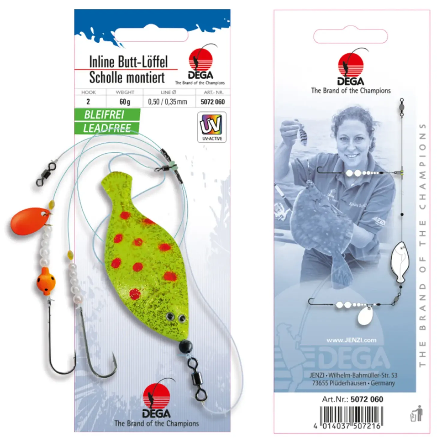 Jenzi Dega UV Inline-Butt-Löffel in Schollen-Form 60g| Buttlöffel|Brandungsangeln Vorfach