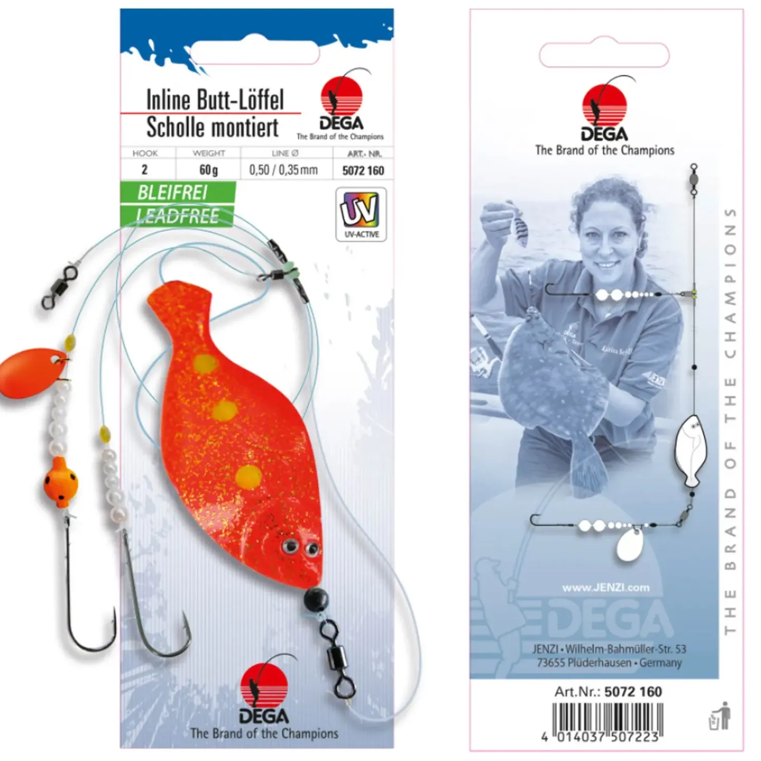 Jenzi Dega UV Inline-Butt-Löffel in Schollen-Form 60g| Brandungsangeln Vorfach|Buttlöffel