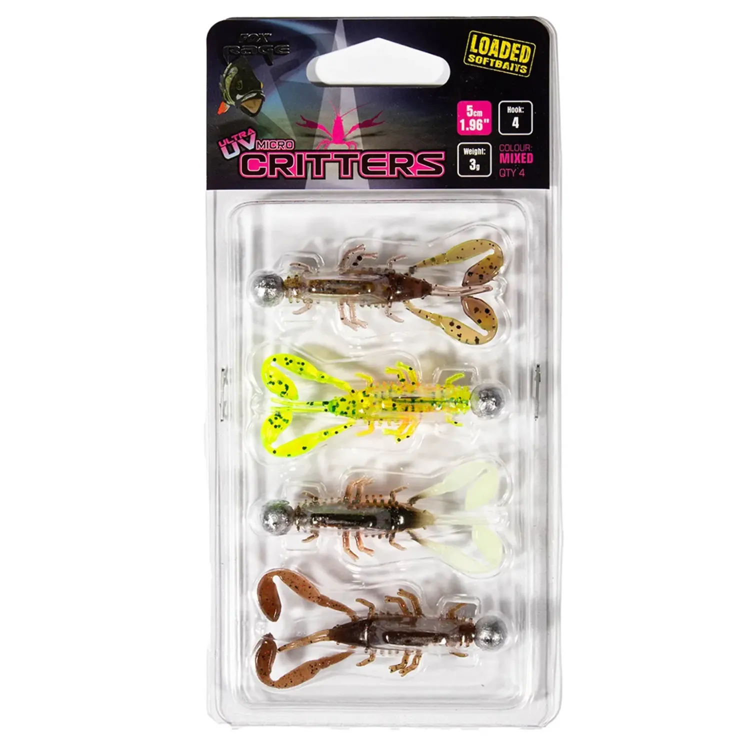 Fox Rage UV Micro Critter 5cm x 4St. Loaded 3g Gummikrebs-Set| Barsch Gummiköder|Gummikrebse