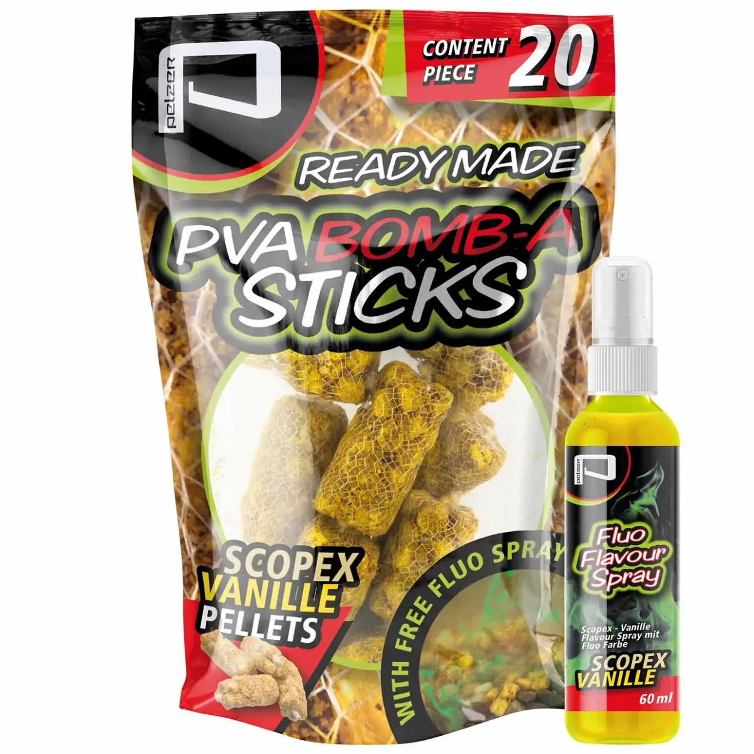Pelzer Carp Fishing Pelzer PVA Bomb-A-Stick Scopex Vanille Pellets & Groundbait Füllung| Karpfenfutter|Boilies & Pop-Ups