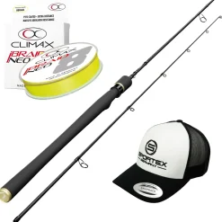 Fishing-King Shop Power-Spinn-Komplettset – Sportex Curve 240 + Climax iBraid 0,14 + Cap| Zanderrute|Gummifischruten