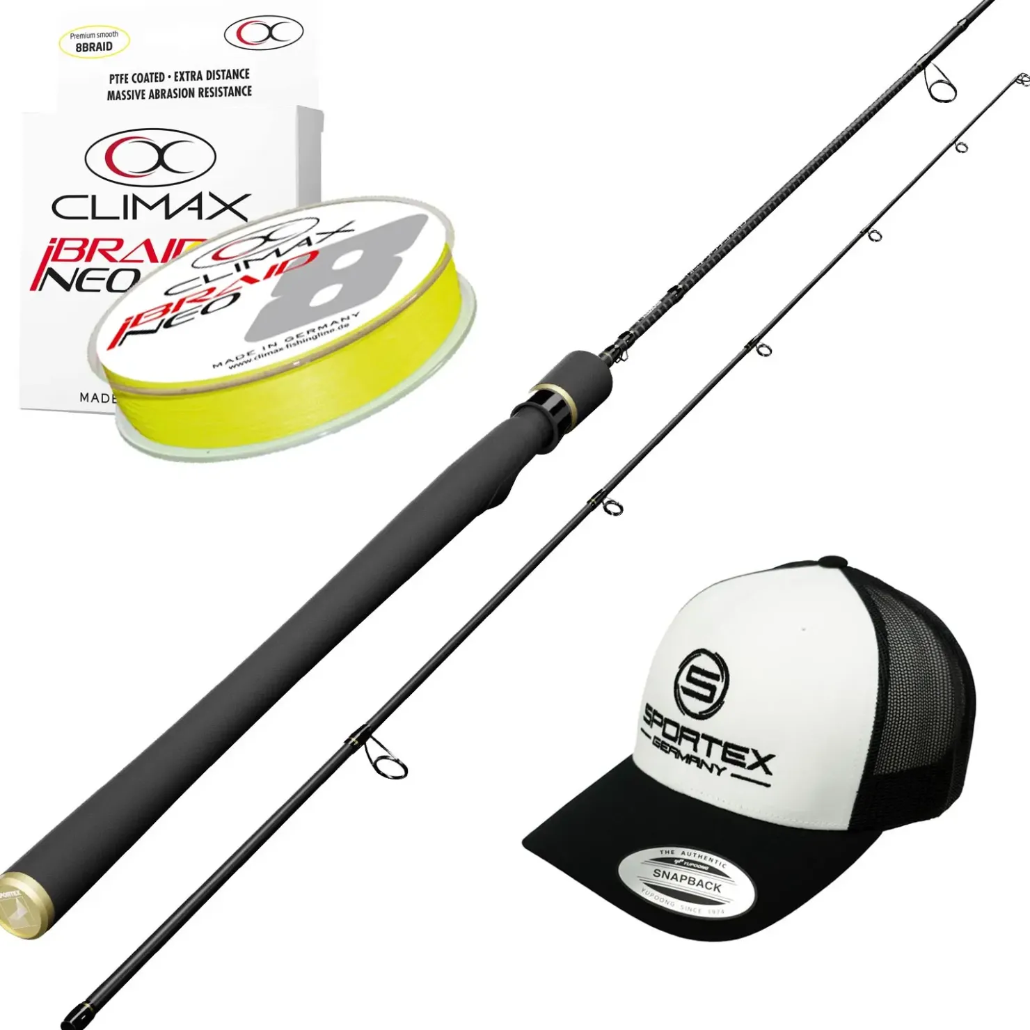 Fishing-King Shop Power-Spinn-Komplettset – Sportex Curve 240 + Climax iBraid 0,14 + Cap| Zanderrute|Gummifischruten