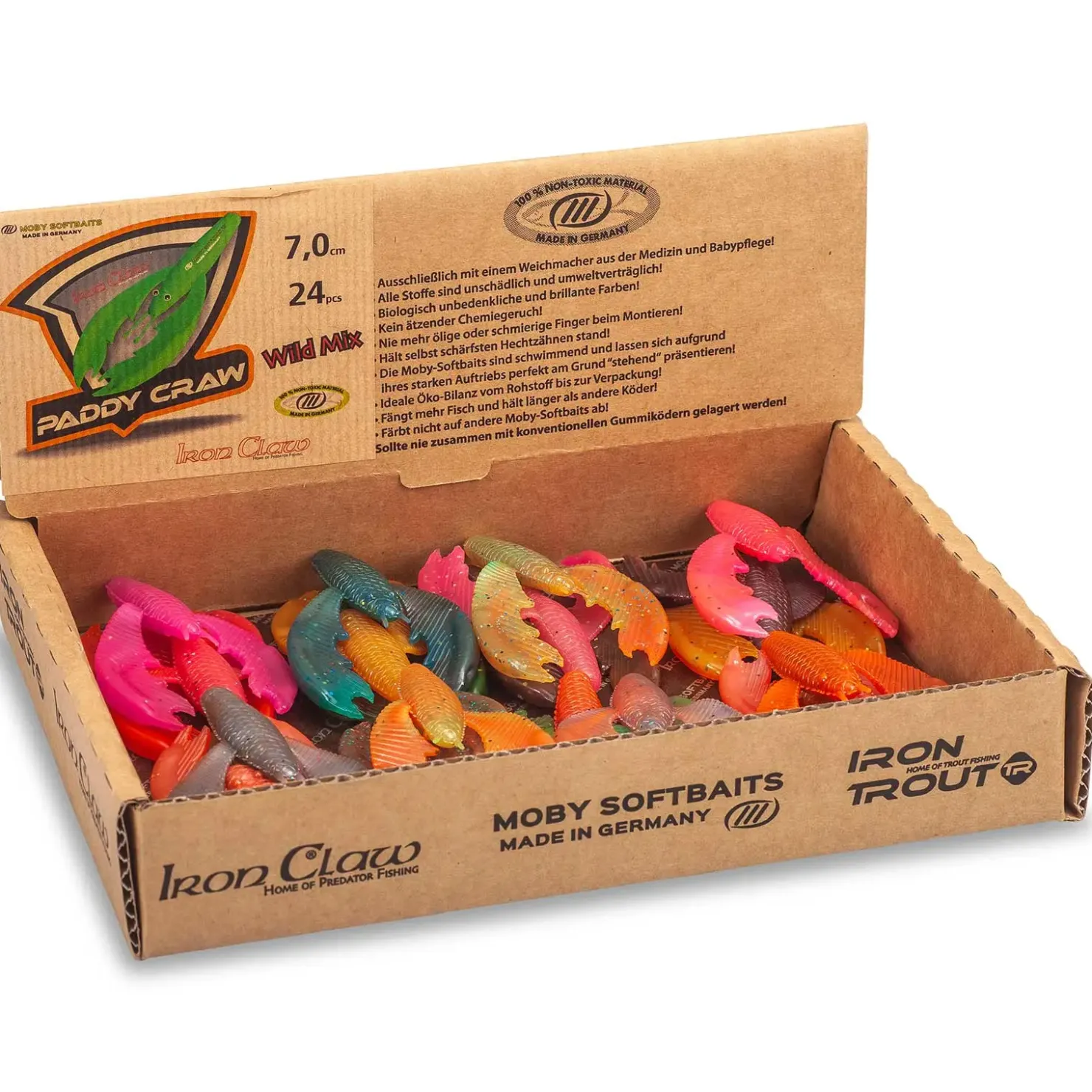Moby Softbaits Sänger Iron Claw Moby Paddy Non Toxic Craw Wild Mix 24 Stück Gummikrebs-Set| Gummikrebse|Barsch Gummiköder